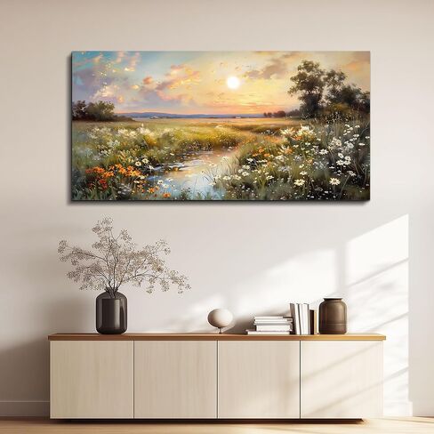 Hyidecorart قماش جدار الفن لغرفة المعيشة جدار ديكور لغرفة النوم مكتب ديكورات خمر مزرعة زهرة برية لوحات حائط طبيعة المناظر الطبيعية صورة عمل فني جمالي ديكور المنزل جاهز للتعليق in Kuwait