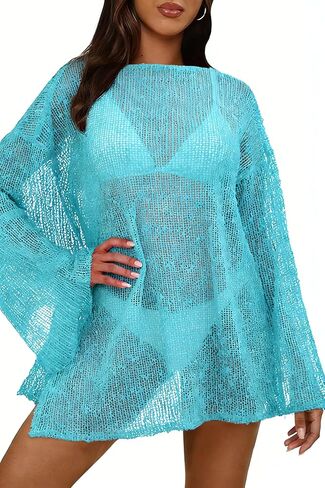 Women Crochet Sheer Kaftan Caftan Mesh Knit Bathing Swimsuit Coverup Women Sexy Summer Beach Dress Vacation Outfits in Saudi Arabia