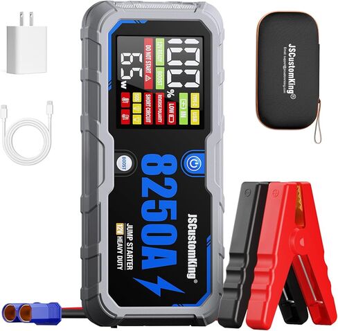 حزمة بطارية Jump Starter 8250A مع PD-65W (لجميع الغازات أو 10.0+L ديزل)، بدء تشغيل السيارة الصالحة للشرب 12 فولت مع شاشة HD 4.01 بوصة، 2 بنك طاقة USB، وقت الاستعداد لمدة 24 شهرًا in Kuwait
