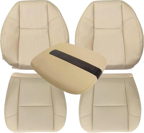 Priprilod Tan Leather Perforated Driver & Passenger Bottom Seat Cover & Top Lean Back & Center Console Armrest Fit for Tahoe Suburban Yukon Denali XL 2007-2014 Fit for Cadillac Escalade 2009-2014 in Saudi Arabia