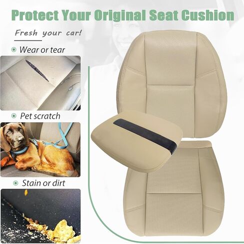 Priprilod Tan Leather Perforated Driver & Passenger Bottom Seat Cover & Top Lean Back & Center Console Armrest Fit for Tahoe Suburban Yukon Denali XL 2007-2014 Fit for Cadillac Escalade 2009-2014 in Saudi Arabia