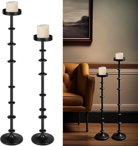 Maxdot Black Metal Pillar Candle Holder 36" 29" Tall Decorative Taper Candle Stand Set of 2 Floor Candlestick Holder Large Metal Black for Christmas Halloween Living Room in Saudi Arabia