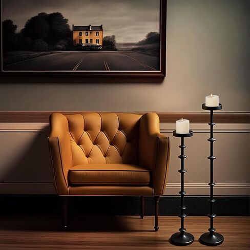 Maxdot Black Metal Pillar Candle Holder 36" 29" Tall Decorative Taper Candle Stand Set of 2 Floor Candlestick Holder Large Metal Black for Christmas Halloween Living Room in Saudi Arabia
