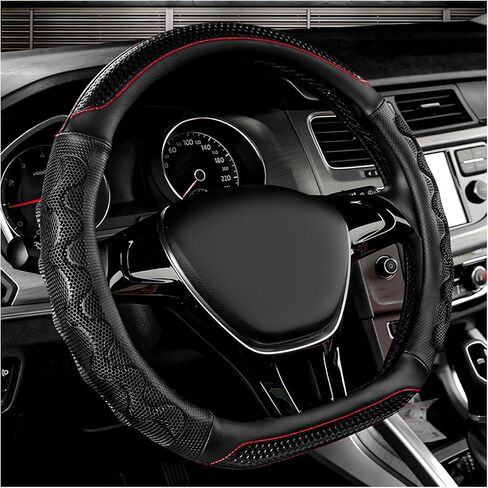 Car Steering Wheel Cover, 15 Inch Leather D-Shaped Steering Wheel Protector with 3D Honeycomb Comfy Grip, Breathable Anti-Slip Steering Wheel Cover for Most Car, SUV, Truck (Red) in Saudi Arabia