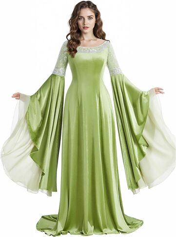 Medieval Coronation Dress Velvet Medieval Renaissance Costume with Flowy Chiffon Bell Sleeves Lace Trim in Saudi Arabia