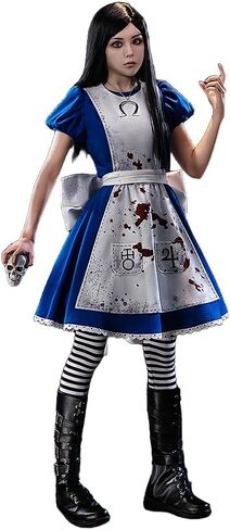 KIRA KIRA Anime Game Alice Cosplay Costume Doki-SR Blue White Maid Dress wit Bow Bloody Apron Halloween Costume in Saudi Arabia