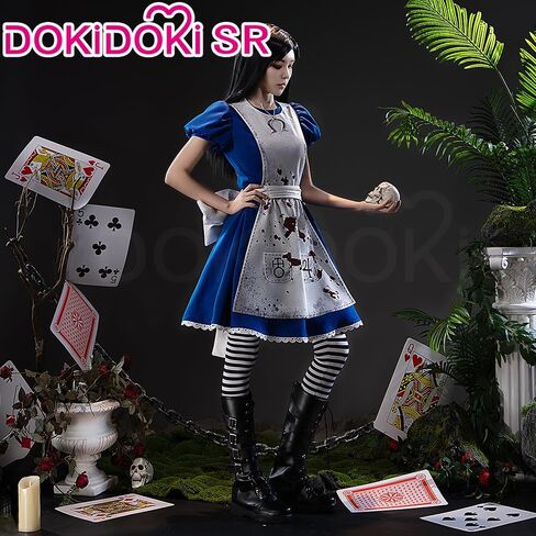 KIRA KIRA Anime Game Alice Cosplay Costume Doki-SR Blue White Maid Dress wit Bow Bloody Apron Halloween Costume in Saudi Arabia