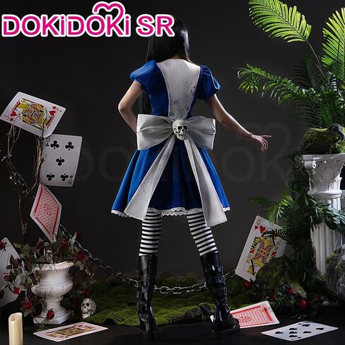 KIRA KIRA Anime Game Alice Cosplay Costume Doki-SR Blue White Maid Dress wit Bow Bloody Apron Halloween Costume in Saudi Arabia