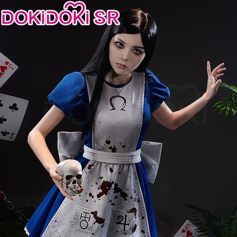 KIRA KIRA Anime Game Alice Cosplay Costume Doki-SR Blue White Maid Dress wit Bow Bloody Apron Halloween Costume in Saudi Arabia