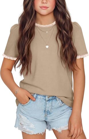 Girls Puff Short Sleeve Shirts Lace Crewneck Lettuce Trim Top Kids Tween Comfy Summer Cute Toddler Uniform Tee in Saudi Arabia