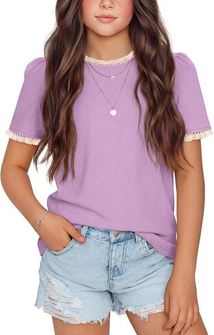 Girls Puff Short Sleeve Shirts Lace Crewneck Lettuce Trim Top Kids Tween Comfy Summer Cute Toddler Uniform Tee in Saudi Arabia