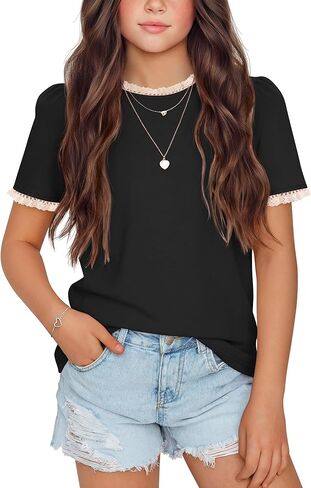 Girls Puff Short Sleeve Shirts Lace Crewneck Lettuce Trim Top Kids Tween Comfy Summer Cute Toddler Uniform Tee in Saudi Arabia