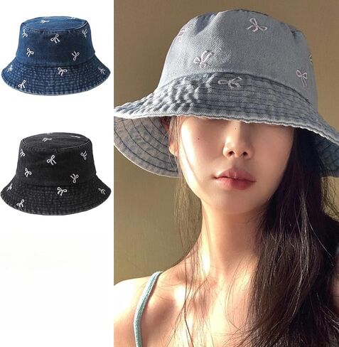 2Pc Embroidered Denim Fisherman Hat for Men, Wide Brimmed Protection, Fashionable and Versatile, Showing Off Face in Saudi Arabia