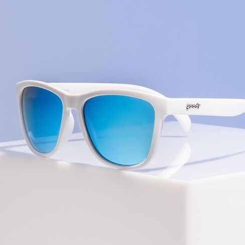 goodr Iced By Yetis Polarized Sunglasses for Men & Women, Medium Sized (OG), White Solid Frame with Blue Mirrored Reflective Lens, UV400 Protection, No Slip, No Bounce in Kuwait
