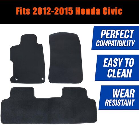 FZJDSD Black 3Pcs Front & Rear Floor Mats Carpet Velour Replacement Compatible with Honda Civic 2012 2013 2014 2015 in Saudi Arabia