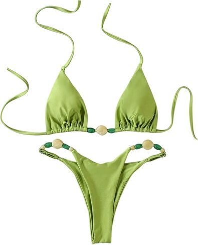 WDIRARA Women's 2 Piece Swimsuit Halter Triangle String Bikini Set Beaded High Cut Bathing Suit in Saudi Arabia
