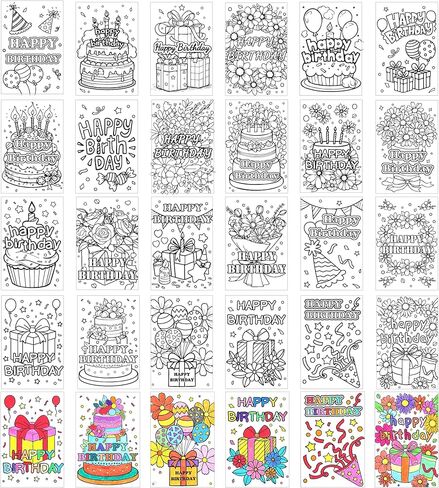 Birthday Coloring Cards - 24 Unique Blank Greeting Card Set with Cakes, Flowers & Gifts | DIY Art Craft for Kids, Adults | Holiday Gift Ideas for Mom, Friends | Thank You & Greeting Card Collection in Kuwait