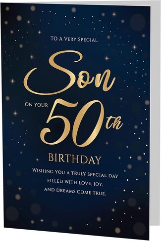 50th Birthday Card for Son – Navy Gold A5 Greeting Card with Printed Verse – Premium UK Made Milestone Design in Kuwait