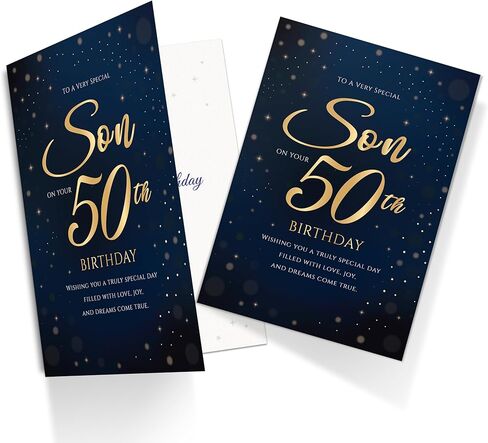 50th Birthday Card for Son – Navy Gold A5 Greeting Card with Printed Verse – Premium UK Made Milestone Design in Kuwait
