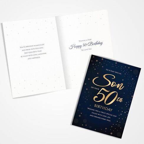 50th Birthday Card for Son – Navy Gold A5 Greeting Card with Printed Verse – Premium UK Made Milestone Design in Kuwait