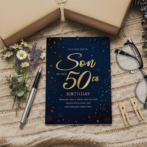 50th Birthday Card for Son – Navy Gold A5 Greeting Card with Printed Verse – Premium UK Made Milestone Design in Kuwait