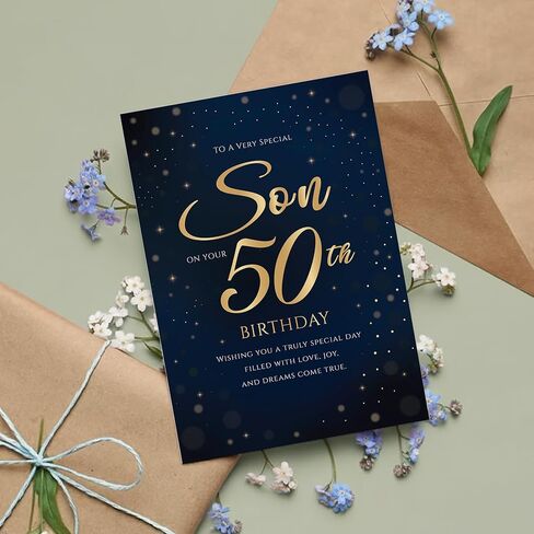 50th Birthday Card for Son – Navy Gold A5 Greeting Card with Printed Verse – Premium UK Made Milestone Design in Kuwait