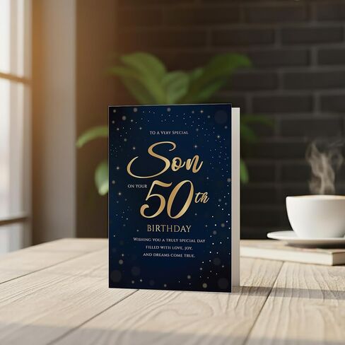 50th Birthday Card for Son – Navy Gold A5 Greeting Card with Printed Verse – Premium UK Made Milestone Design in Kuwait