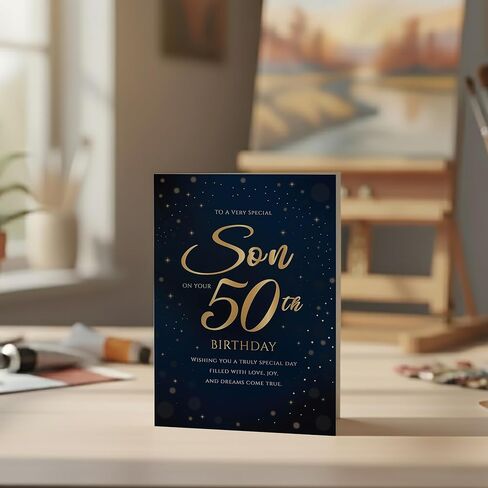 50th Birthday Card for Son – Navy Gold A5 Greeting Card with Printed Verse – Premium UK Made Milestone Design in Kuwait