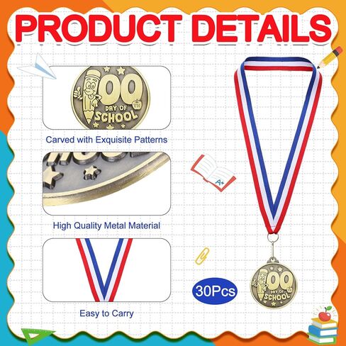 Quelay 30 Pcs 100 Days of School Award Medals 2 Inch Metal Gold 100th Day of School Medals Bulk with Ribbon Award for Classroom Students Trophy Prize Gift Party Favors in Saudi Arabia