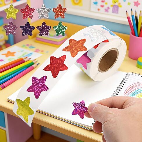 2 Rolls/1000 pcs Star Stickers for Kids Reward, Holographic Colorful Glitter Stickers for Teachers DIY, Arts and Crafts, Behavior Chart, Reward Chart, Planner, School, Classroom Supplies(1 Inch) in Saudi Arabia