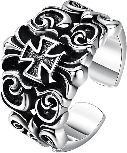 925 Sterling Silver Vintage Wide Band Rings,Cross Ring Biker Adjustable Ring for Men Gifts in Saudi Arabia