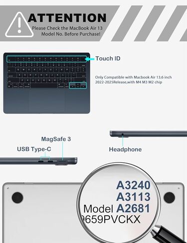 حافظة PHOCAR فائقة الوضوح لجهاز MacBook Air 13.6 بوصة (2022-2025)، متوافقة مع موديلات M4/M3/M2 A3240/A3113/A2681، غطاء واقٍ مضاد للأصفر مع غطاء لوحة مفاتيح، واقي شاشة ولوحة ماوس in Kuwait