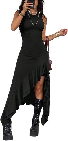 Women's Y2k Dress Sleeveless Ruffle Asymmetrical Hem Punk Mid Dresses Party Club Concert Going Out Dress in Saudi Arabia