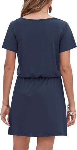 AUSELILY Womens Summer Dresses 2026 Causal Short Sleeve V Neck Tie Front Mini Short Dress with Pockets in Saudi Arabia