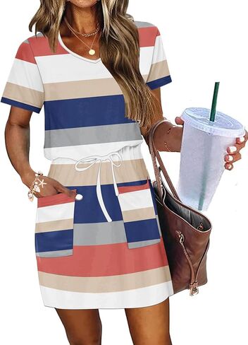 AUSELILY Womens Summer Dresses 2026 Causal Short Sleeve V Neck Tie Front Mini Short Dress with Pockets in Saudi Arabia