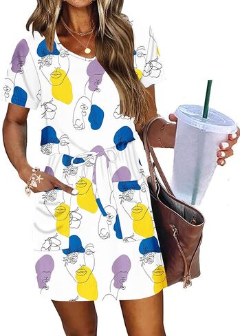 AUSELILY Womens Summer Dresses 2026 Causal Short Sleeve V Neck Tie Front Mini Short Dress with Pockets in Saudi Arabia