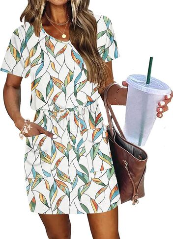 AUSELILY Womens Summer Dresses 2026 Causal Short Sleeve V Neck Tie Front Mini Short Dress with Pockets in Saudi Arabia