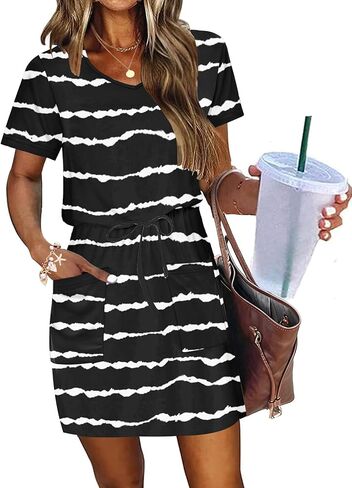 AUSELILY Womens Summer Dresses 2026 Causal Short Sleeve V Neck Tie Front Mini Short Dress with Pockets in Saudi Arabia