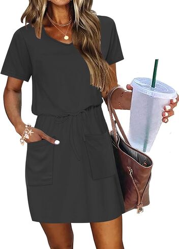 AUSELILY Womens Summer Dresses 2026 Causal Short Sleeve V Neck Tie Front Mini Short Dress with Pockets in Saudi Arabia