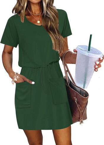 AUSELILY Womens Summer Dresses 2026 Causal Short Sleeve V Neck Tie Front Mini Short Dress with Pockets in Saudi Arabia