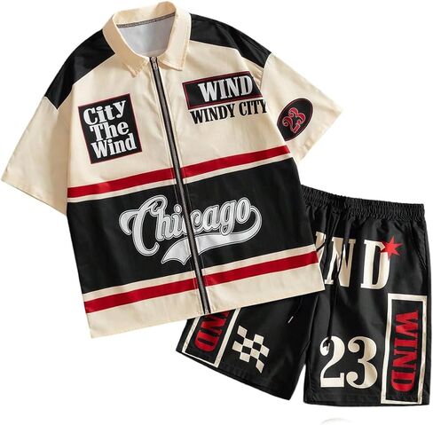 SOLY HUX Men's Tracksuit Set Zip Up Graphic Shirt and Shorts Sporty Two Piece Outfits Streetwear in Saudi Arabia