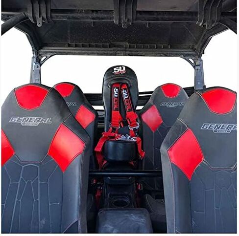 Rear Middle Bump Seat + Red 4 Point Harness with Latch Release, Compatible with Polaris General 4 Seat Models, UTV, Off Road Vehicle [5048A14 CB 6008A5] in Kuwait