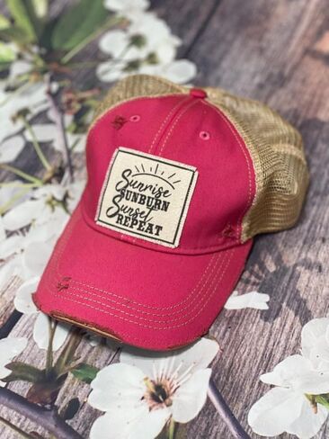VINTAGE LIFE Sunrise Sunburn Sunset Repeat Distressed Trucker Cap, Hot Pink, Cotton, Polyester, Indoor, Outdoor in Saudi Arabia