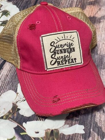 VINTAGE LIFE Sunrise Sunburn Sunset Repeat Distressed Trucker Cap, Hot Pink, Cotton, Polyester, Indoor, Outdoor in Saudi Arabia