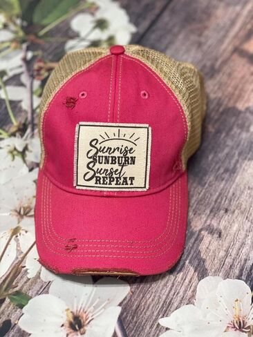 VINTAGE LIFE Sunrise Sunburn Sunset Repeat Distressed Trucker Cap, Hot Pink, Cotton, Polyester, Indoor, Outdoor in Saudi Arabia