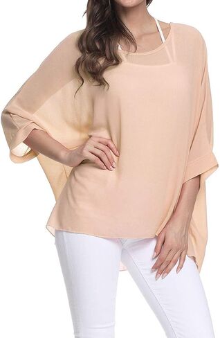 Rokou Womens Floral Chiffon Blouse Loose Batwing Bohemian Semi Sheer Tops in Saudi Arabia