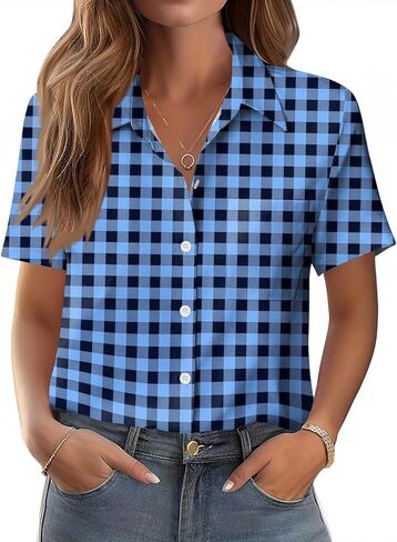 Womens Short Sleeve Tops Plaid Collared V Neck Shirts Button Down Casual Blouses in Kuwait