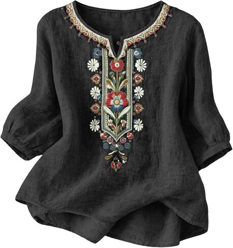 SHOPESSA Embroidered Tops for Women Summer Cotton Linen Boho Shirts Casual Loose Plus Size 3/4 Sleeve Peasant Gauze Blouse in Kuwait
