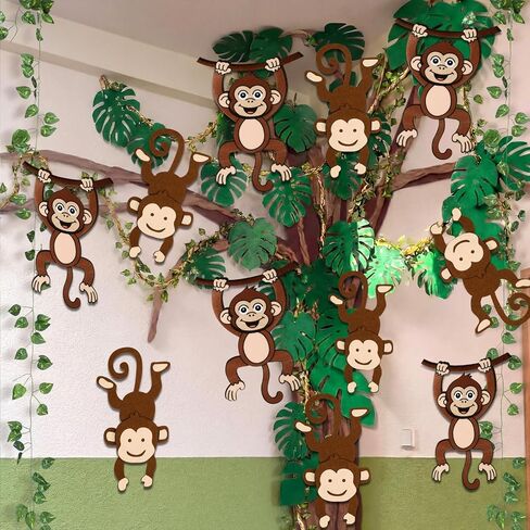 77 Pcs Monkey Themed Party Decorations with 12 Felt Hanging Monkeys 98.4ft Kraft Paper and 14.4ft Artificial Rattan 60 Palm Leaf Garland Jungle Rainforest Tropical Safari Decor Birthday Indoor Outdoor in Kuwait