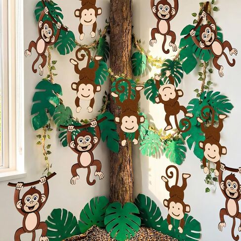 77 Pcs Monkey Themed Party Decorations with 12 Felt Hanging Monkeys 98.4ft Kraft Paper and 14.4ft Artificial Rattan 60 Palm Leaf Garland Jungle Rainforest Tropical Safari Decor Birthday Indoor Outdoor in Kuwait